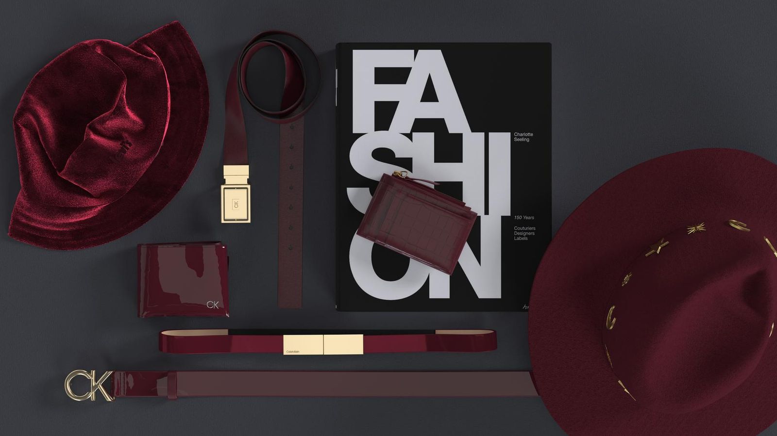 CLO 3D scene of accessories in a burgundy colorway
