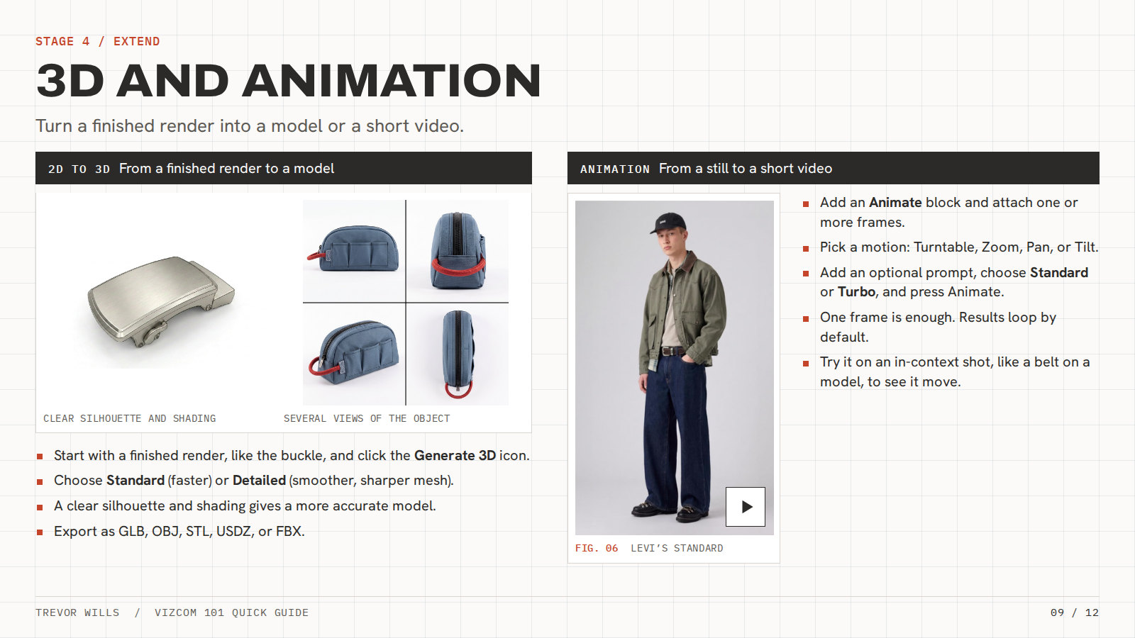 Vizcom 101 guide, page 9: 3D and animation, with an example animation of a model in a work jacket and wide-leg jeans