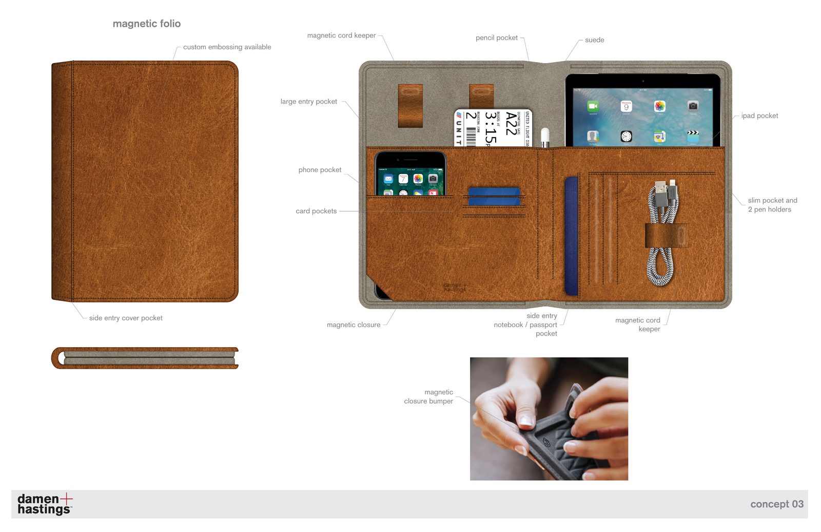 Concept: magnetic tech folio with phone, card and cable pockets