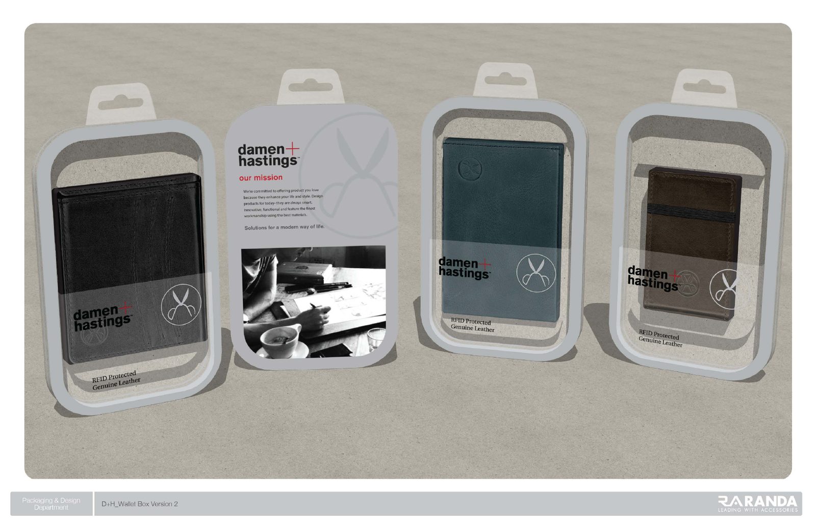 Rendering of wallet packaging with window and brand story