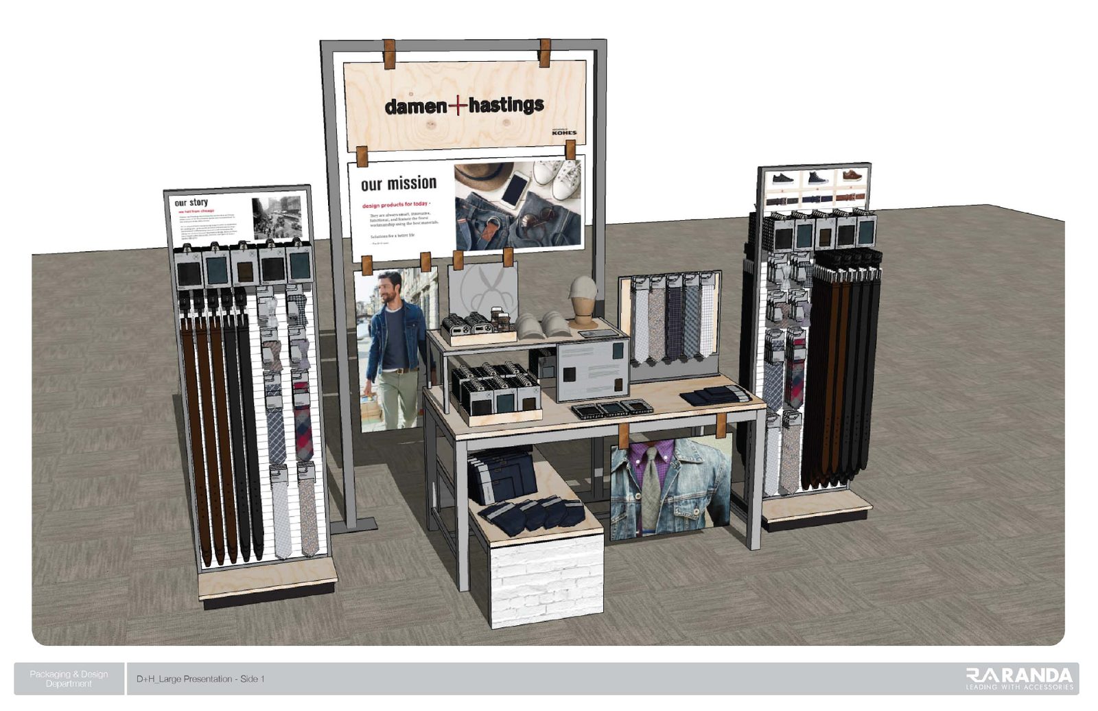 Rendering of a Damen + Hastings in-store shop with belts, wallets, ties and the brand mission