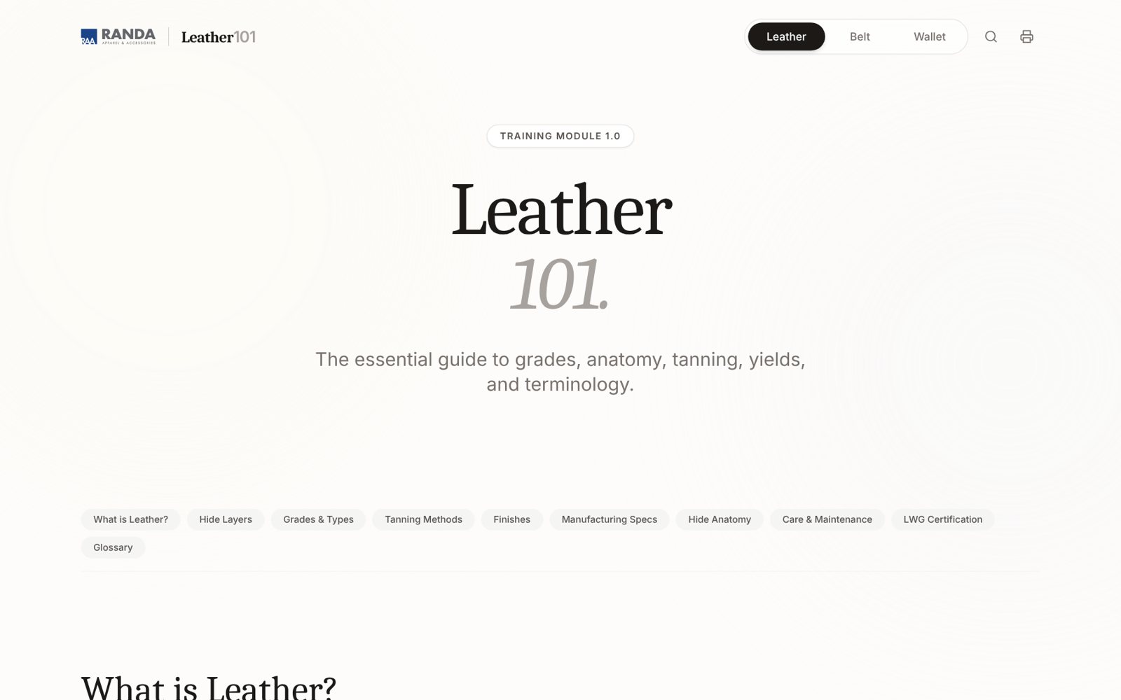 Leather 101, a training site for new designers covering grades, tanning, finishes and specs