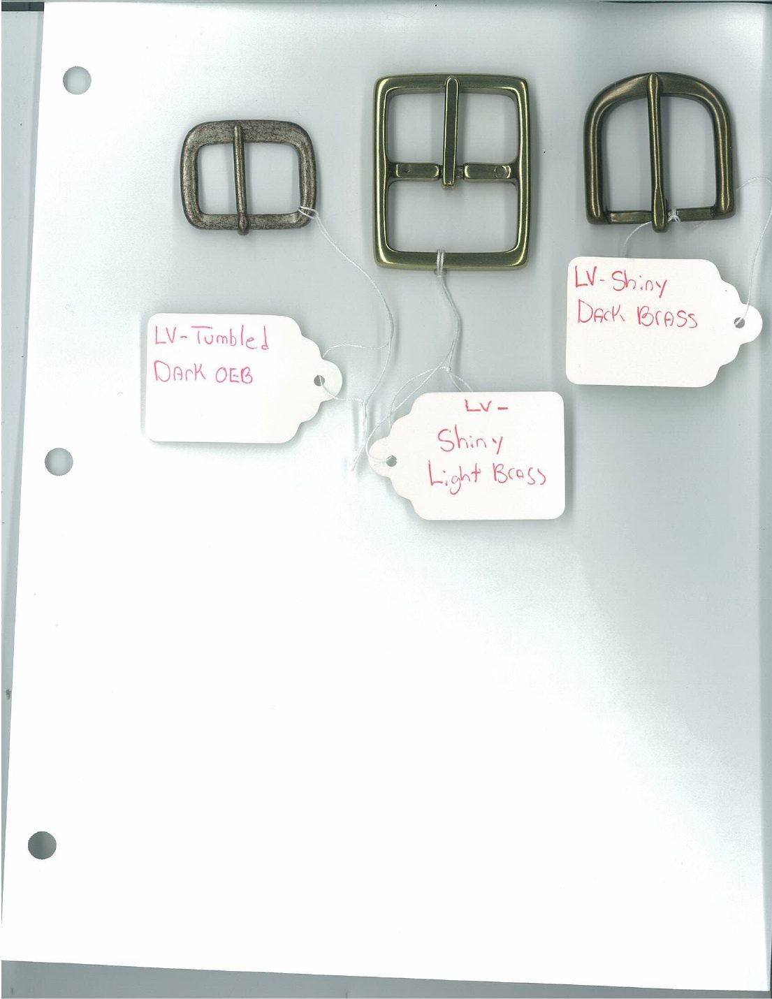 Hardware finish standards, tagged buckle samples for each approved finish