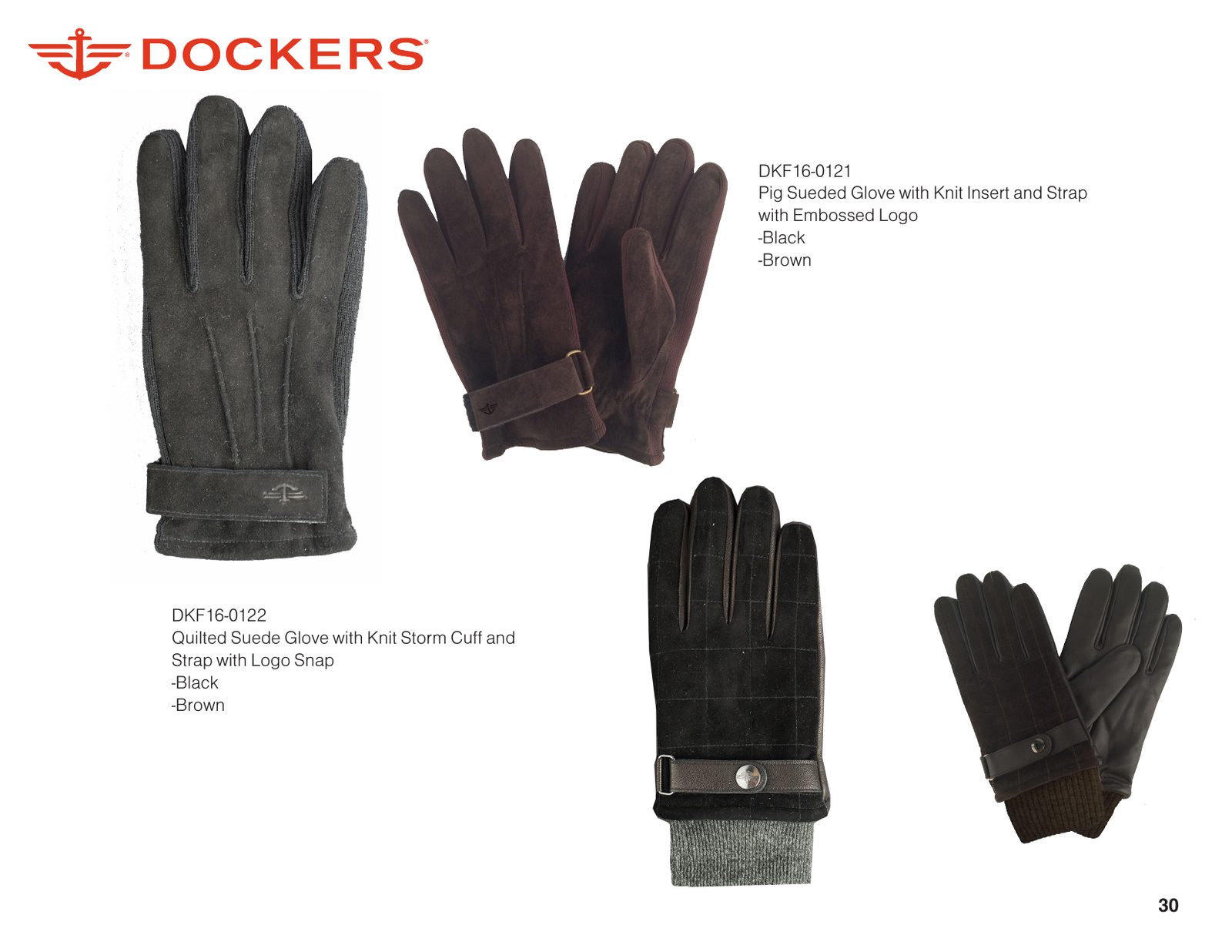 Dockers suede and leather glove samples with knit cuffs and straps