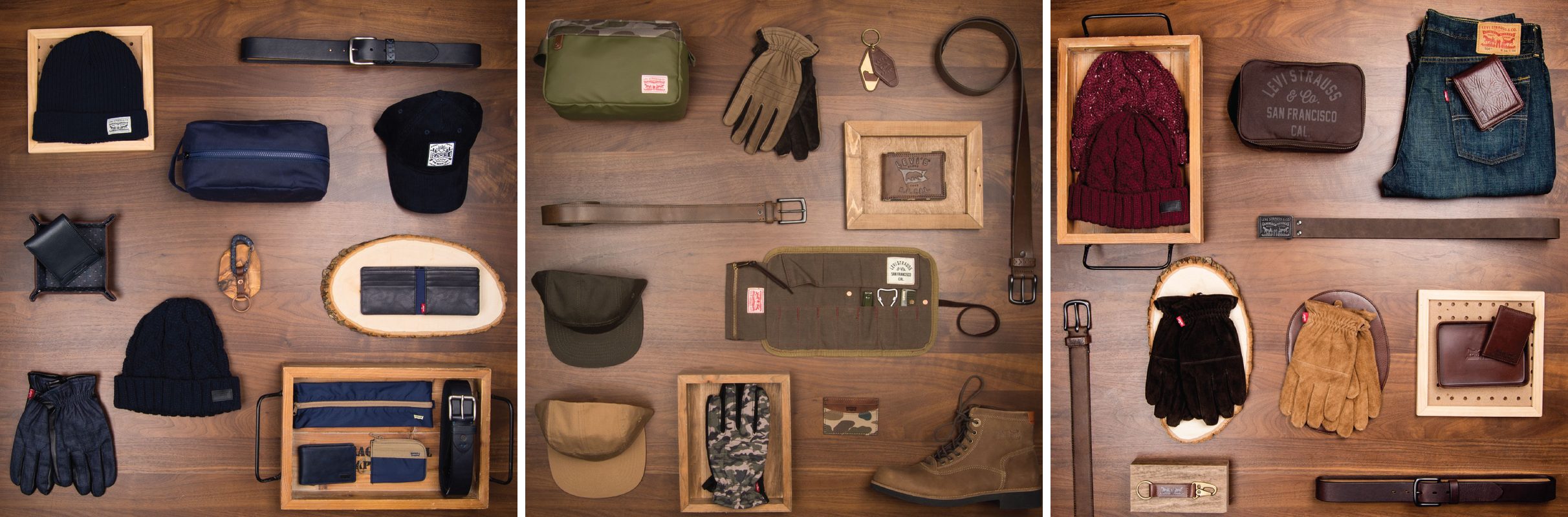 Three Levi’s accessories flat lays with beanies, caps and gloves styled next to belts, wallets and bags