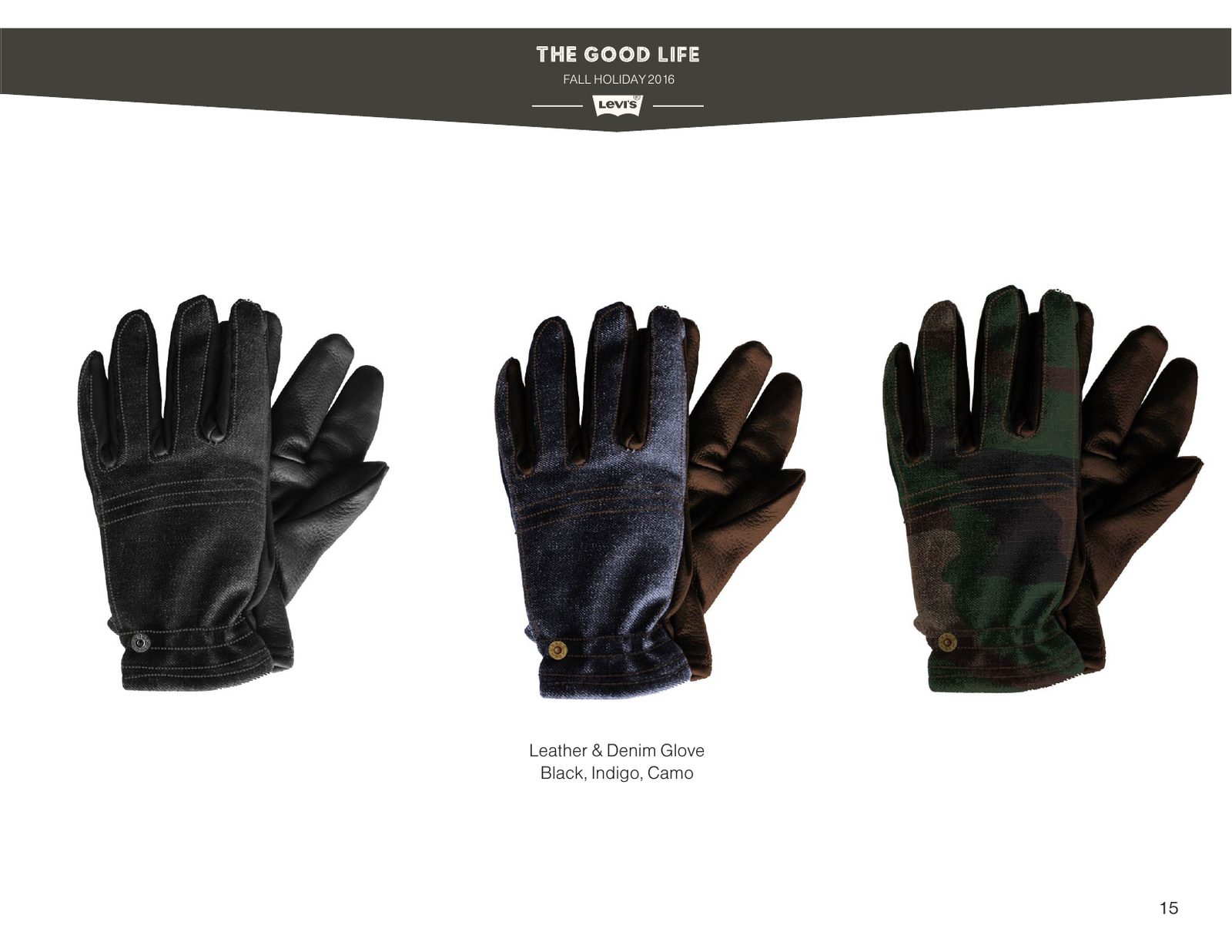 Levi’s leather and denim glove samples in black, indigo and camo