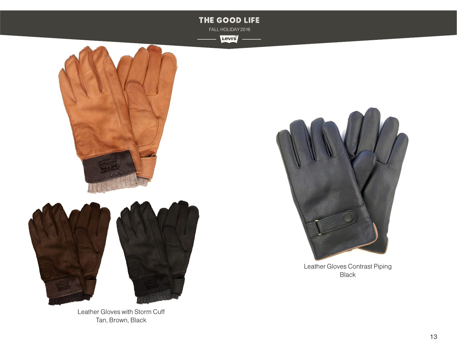 Levi’s leather glove samples with storm cuffs and contrast piping