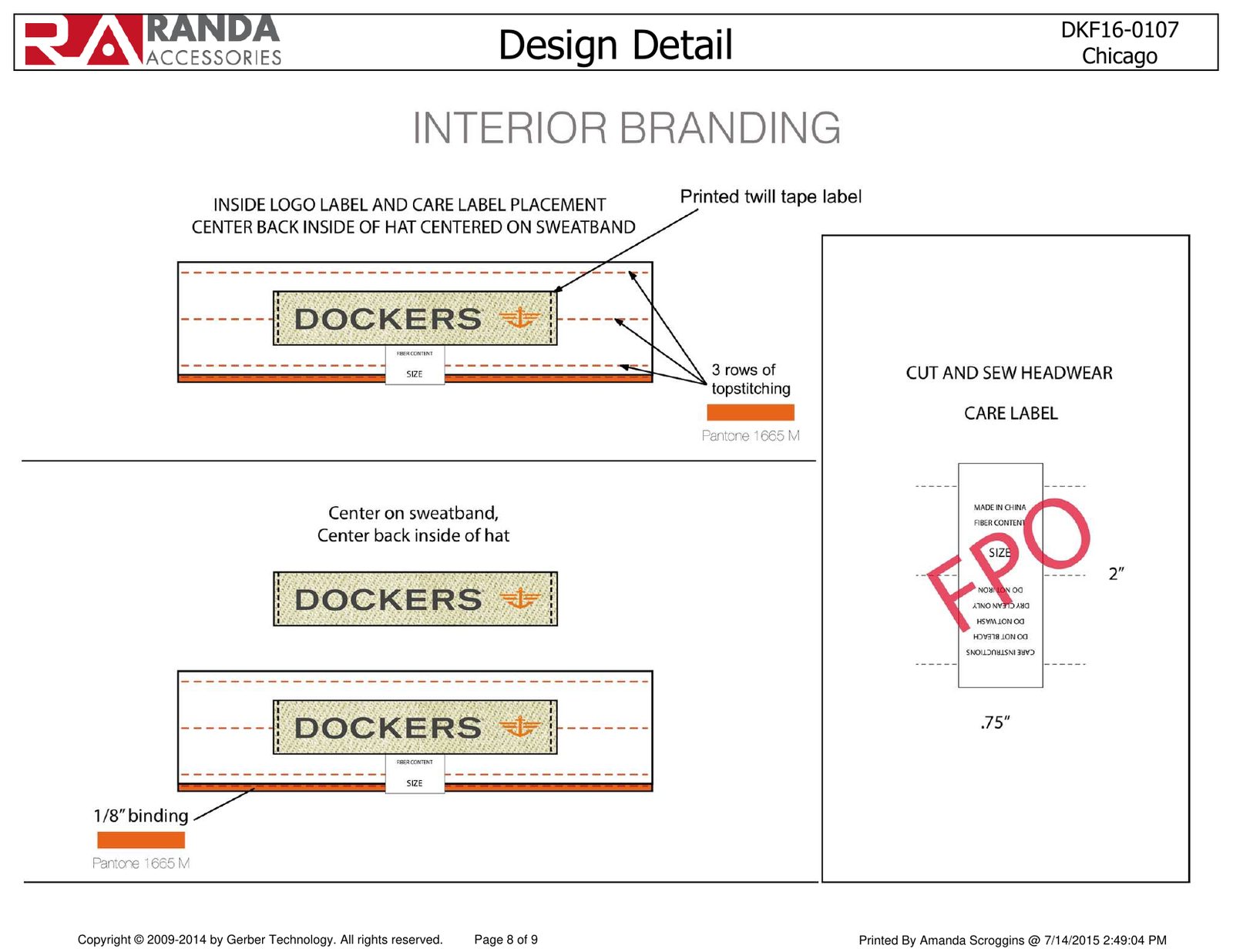 Tech pack page: interior branding, twill tape label and care label placement