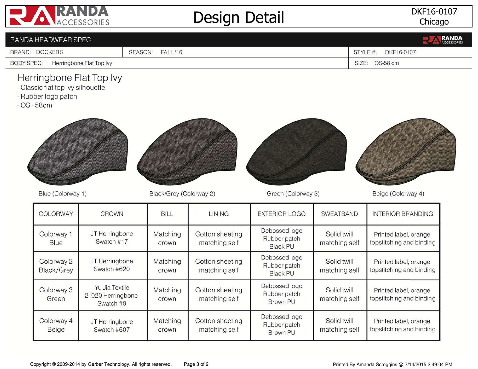 Tech pack page: four colorways with crown, lining, logo and sweatband callouts