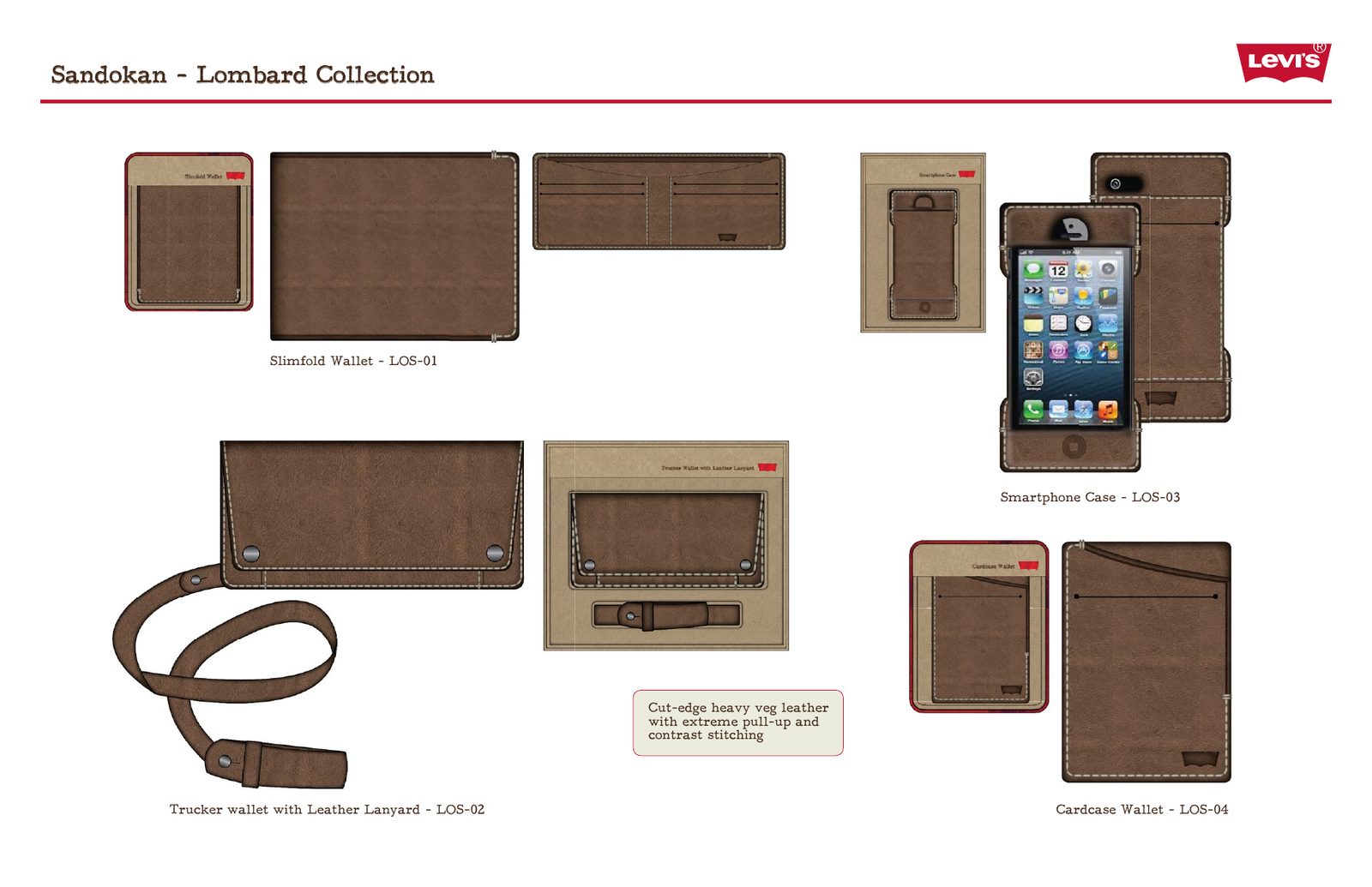 Lombard collection: cut-edge veg leather slimfold, trucker wallet with lanyard, smartphone case and card case