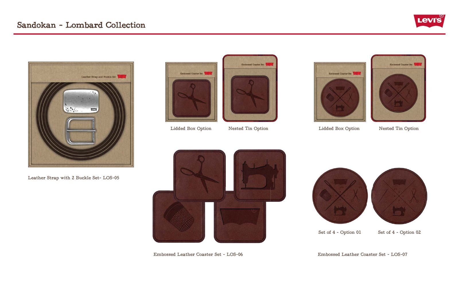 Lombard collection: leather strap with two buckles, and embossed leather coaster sets in box and tin options