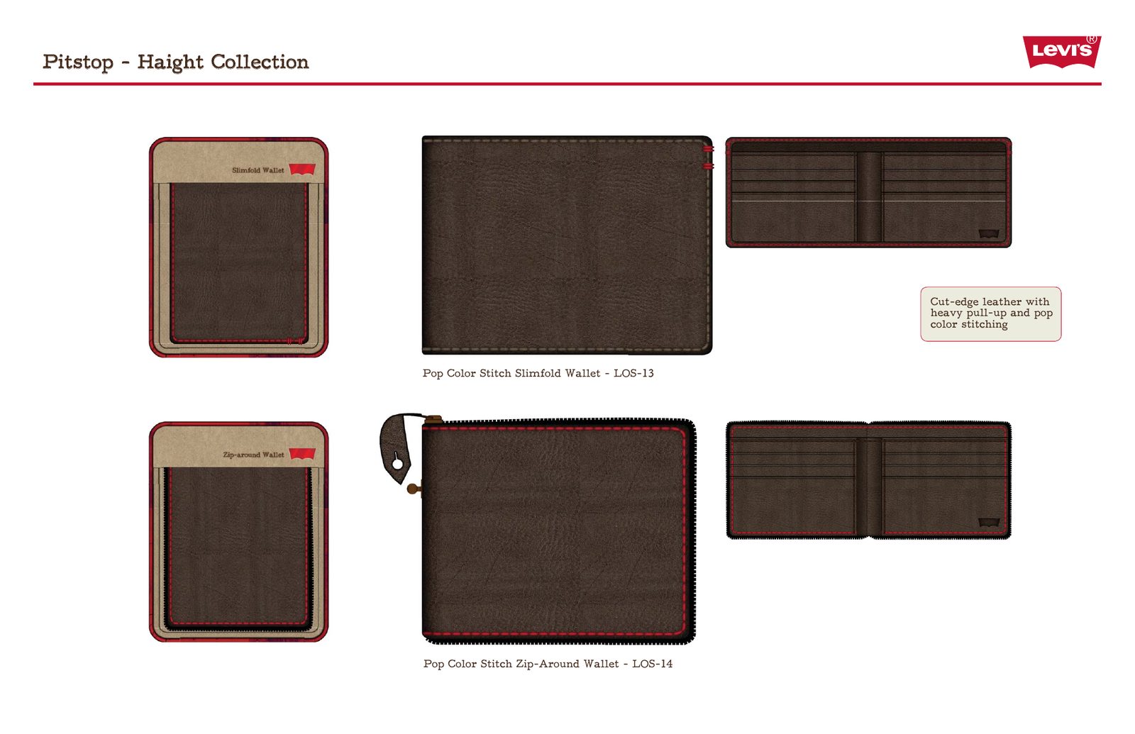 Haight collection: pop color stitching on slimfold and zip-around wallets