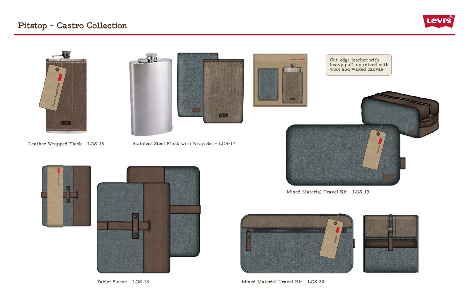 Castro collection: leather-wrapped flask, tablet sleeve and mixed material travel kits