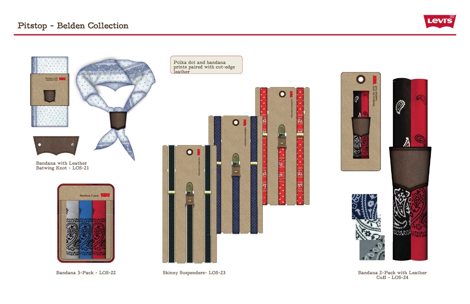 Belden collection: bandana prints with cut-edge leather, plus skinny suspenders