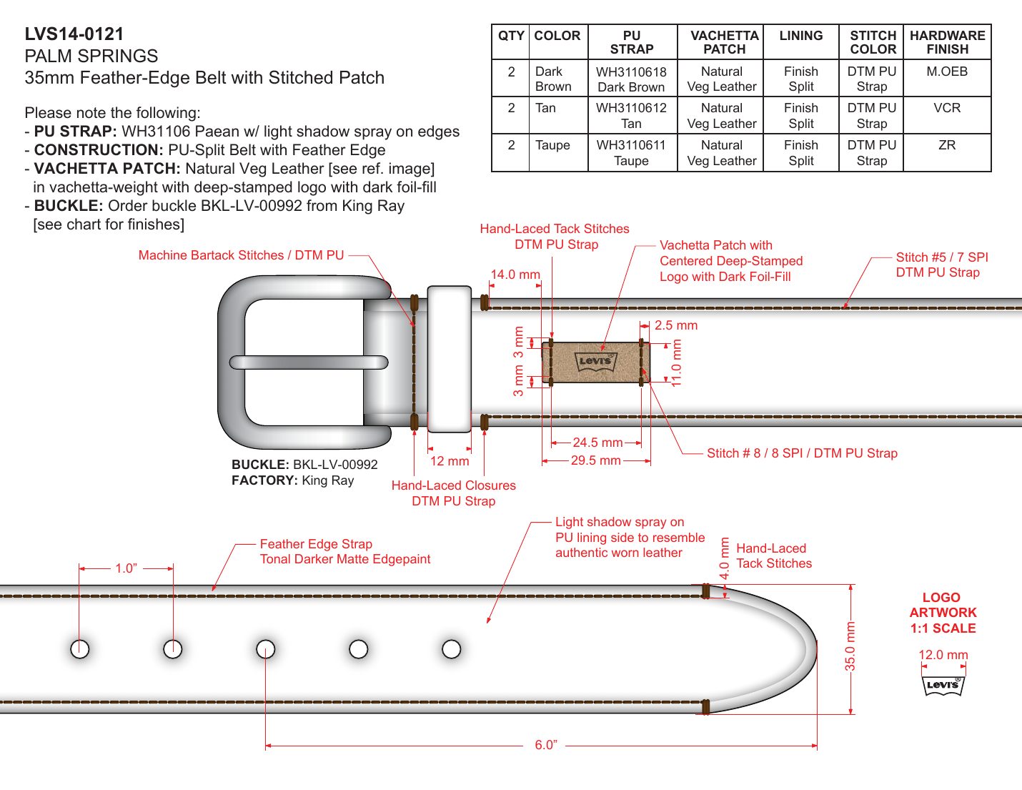 Levi’s feather-edge belt spec with strap, patch and buckle callouts