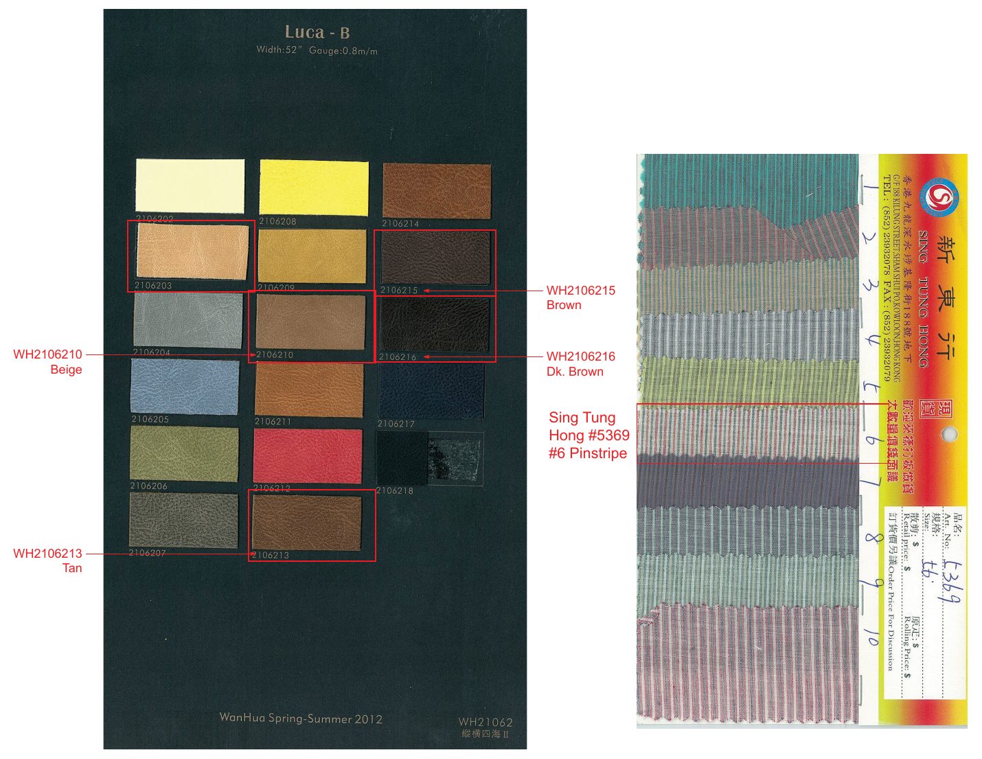 Mill leather color card with selected colors marked