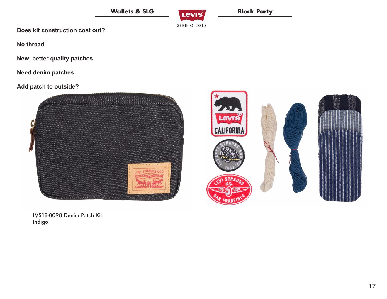 Levi’s Mid Point book page with review questions on a denim patch kit