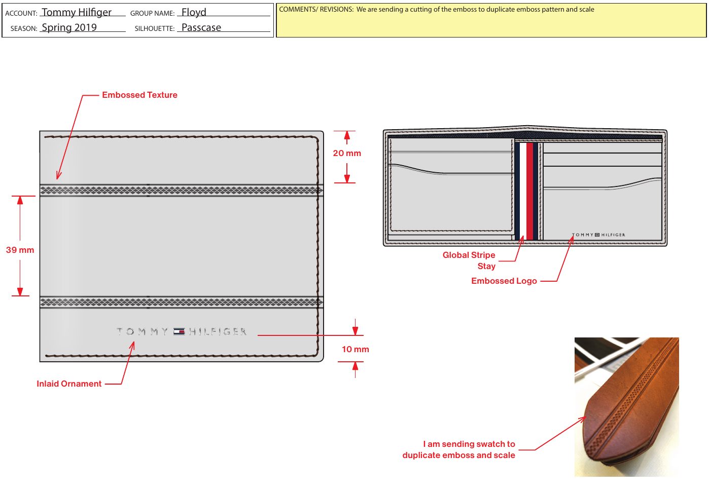 Tommy Hilfiger passcase spec with stripe, emboss and logo callouts