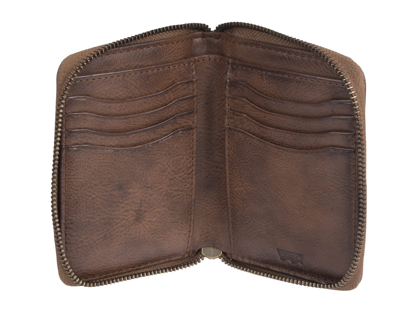 Finished sample of the Levi’s zip-around wallet, open