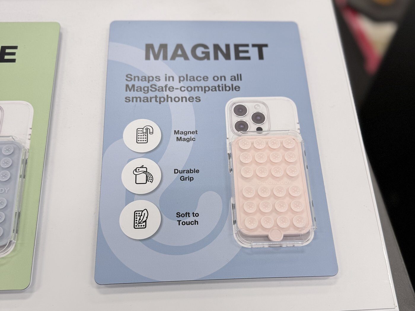Phone case shelf card with feature icons